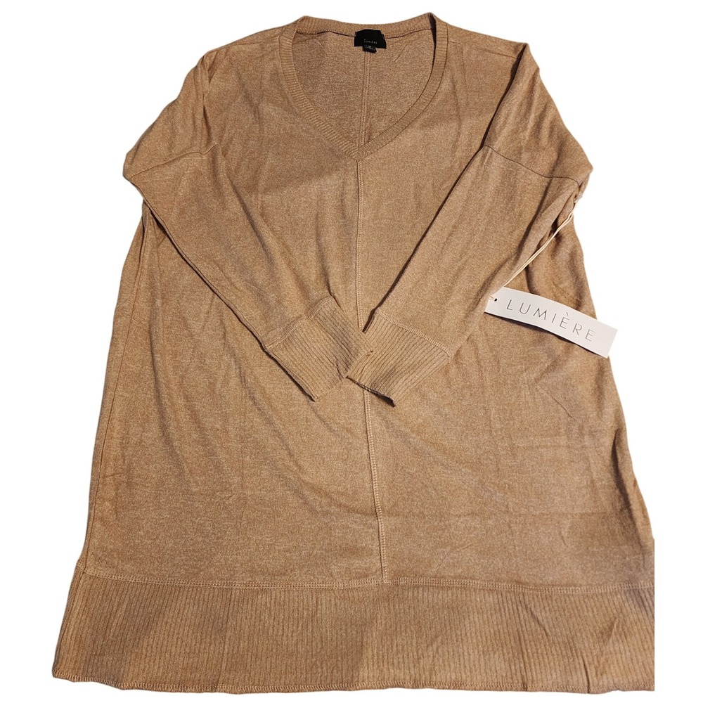 LUMIERE V Neck‎ Long Sleeve Sweater Dress Tunic Top Women's Size M Beige